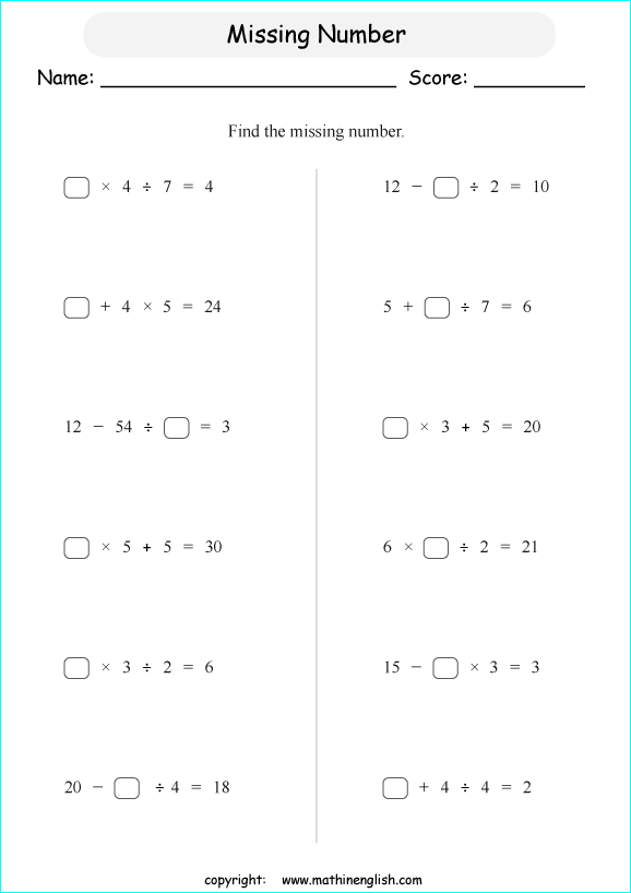 Printable primary math worksheet for math grades 1 to 6 based on ...