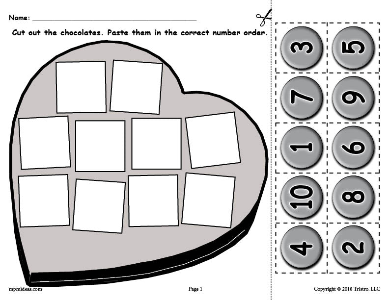 Printable Valentine Candy Number Ordering Worksheet Numbers 1-10 ...