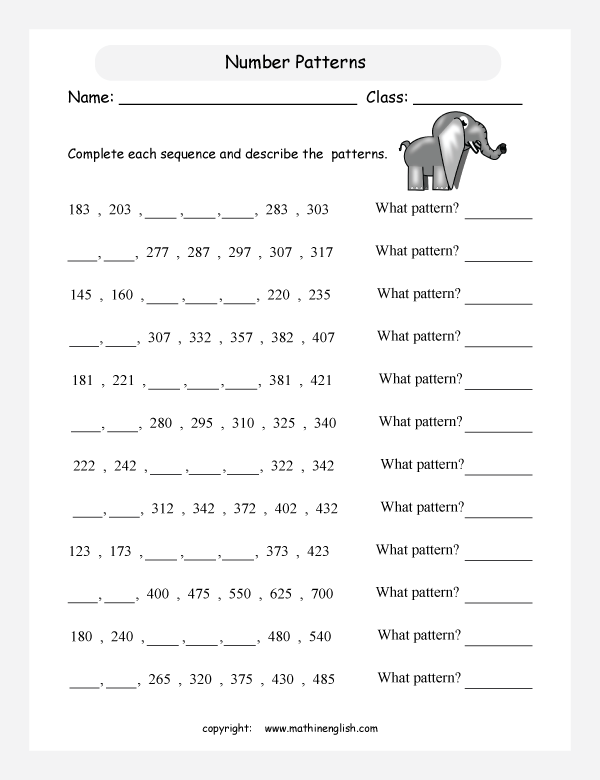 number pattern worksheet 4th grade