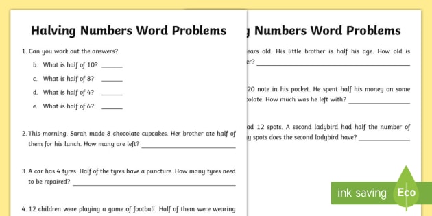 Halving Numbers Word Problems Worksheet / Worksheet 