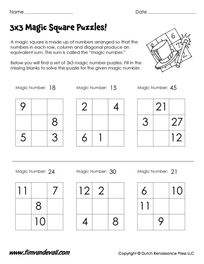 Magic Squares Worksheets | 3×3 &  4×4 Magic Square Puzzles - Tims ...