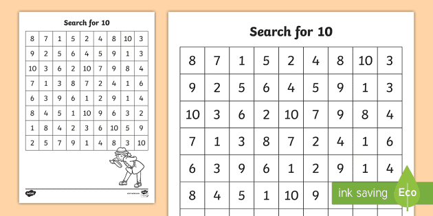 Number Recognition Search for 10 Worksheet (teacher made)