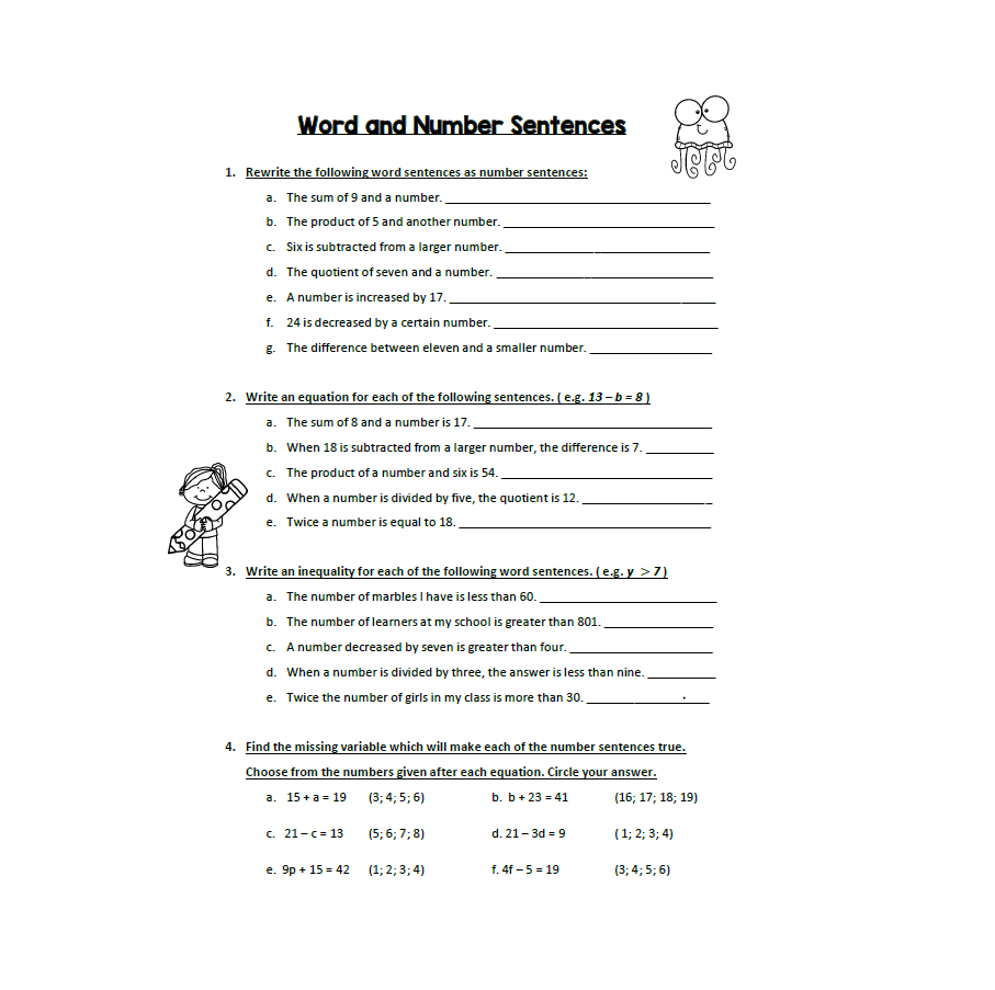 number sentence worksheet