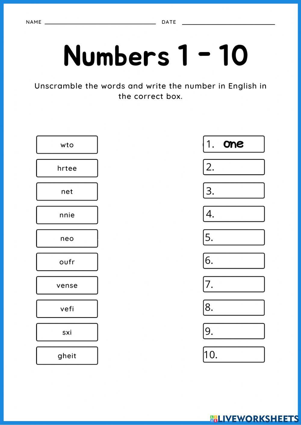 number spelling worksheet 1 10