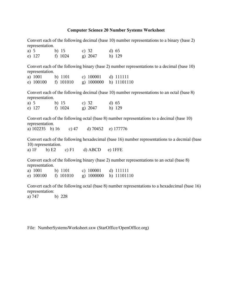 Computer Science 20 Number Systems Worksheet - EHC-CS20 - Worksheets ...