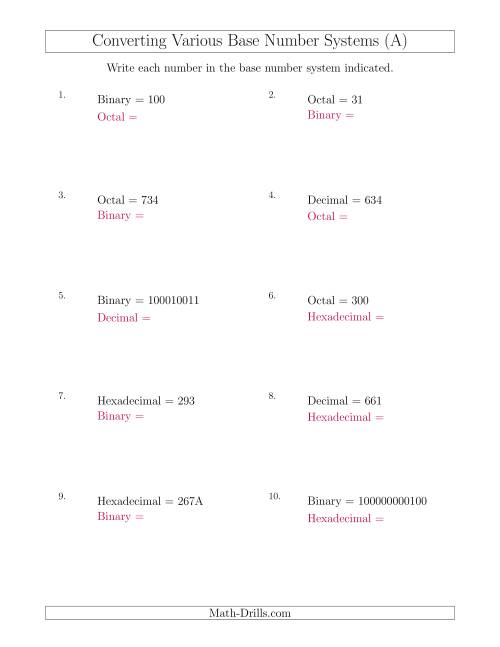 Converting Between Various Base Number Systems (A) - Worksheets Library