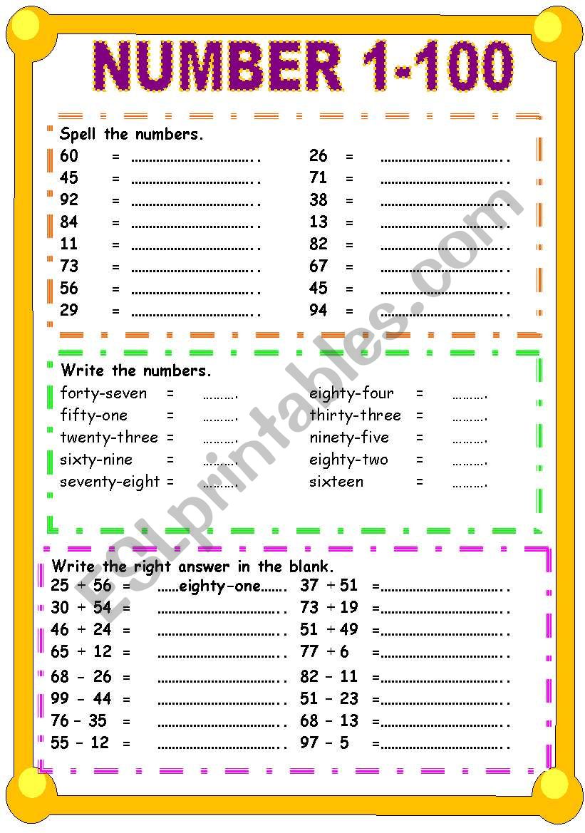 Number 1-100 - ESL worksheet by sweetdreamja