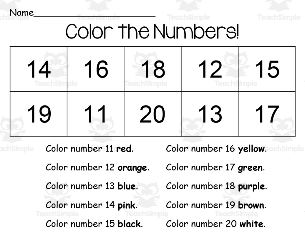 Color Your Numbers 11-20 Printable