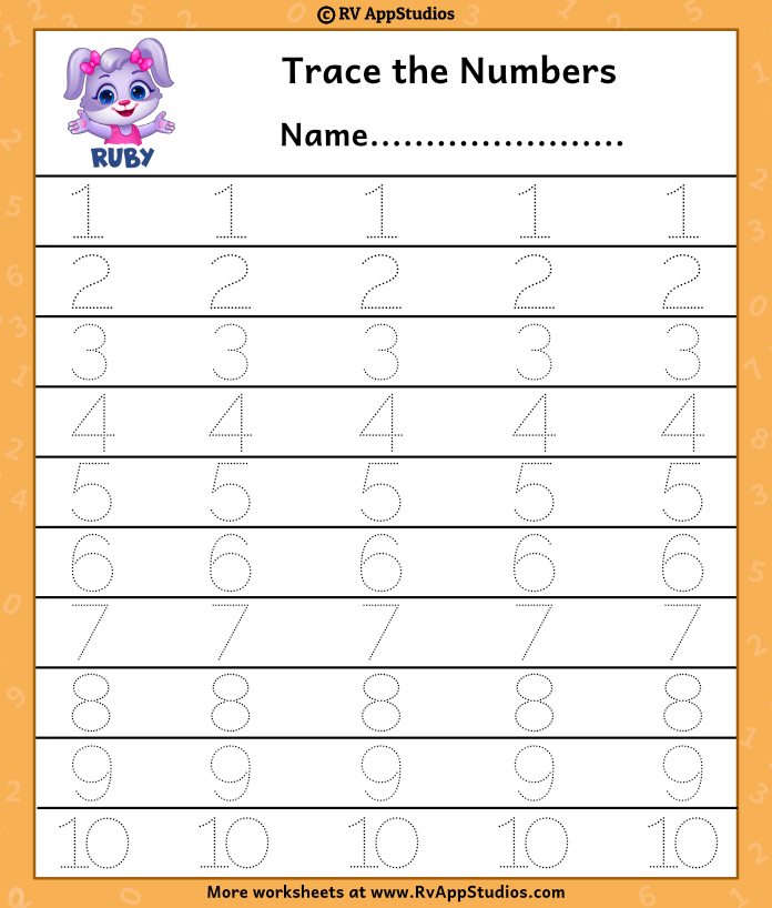 Free Printable Worksheets for Kids - Dotted Numbers to Trace 1-10 ...