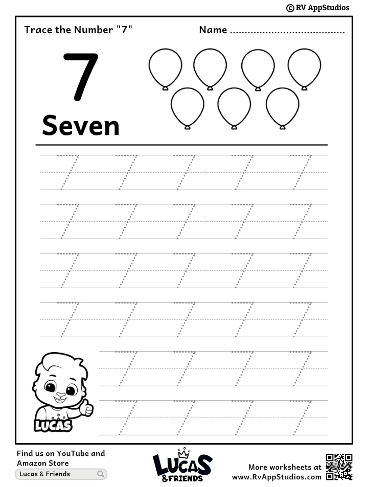 Trace Number 7 Worksheet for FREE for Kids