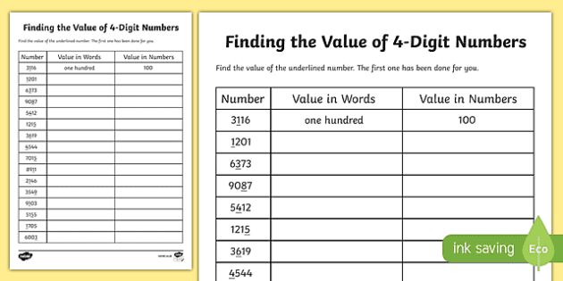 number value worksheet