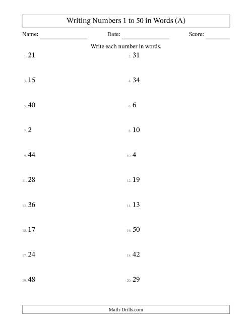 Writing Numbers 1 to 50 in Words (A)