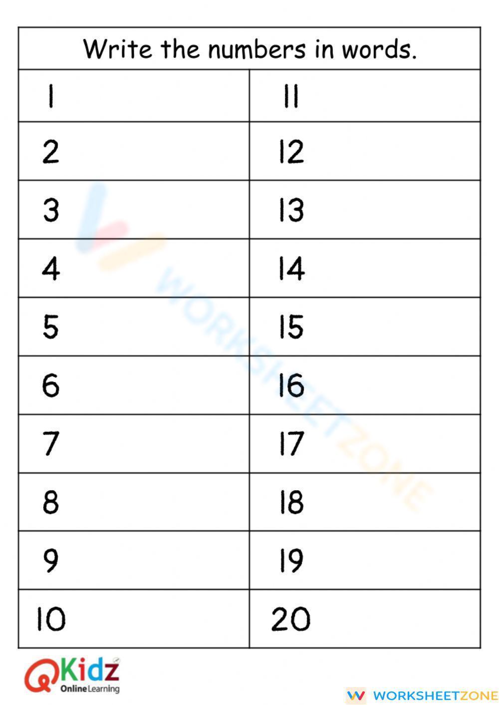 Number Words 1 To 20 Worksheet - Worksheets Library