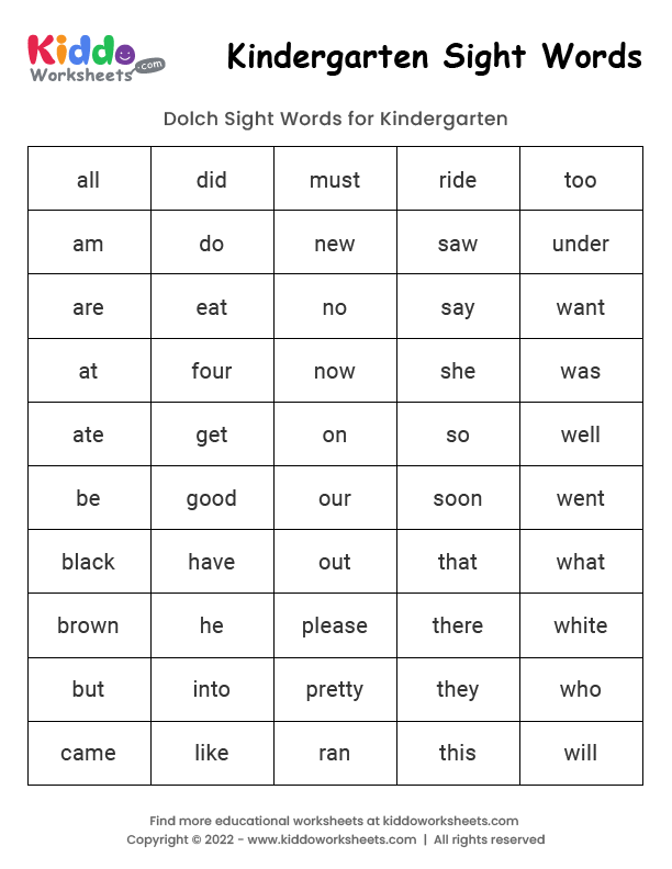 Free Printable Sight Words Kindergarten Worksheet - kiddoworksheets