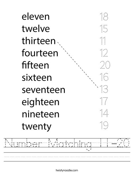 Number Matching 11-20 Worksheet - Twisty Noodle