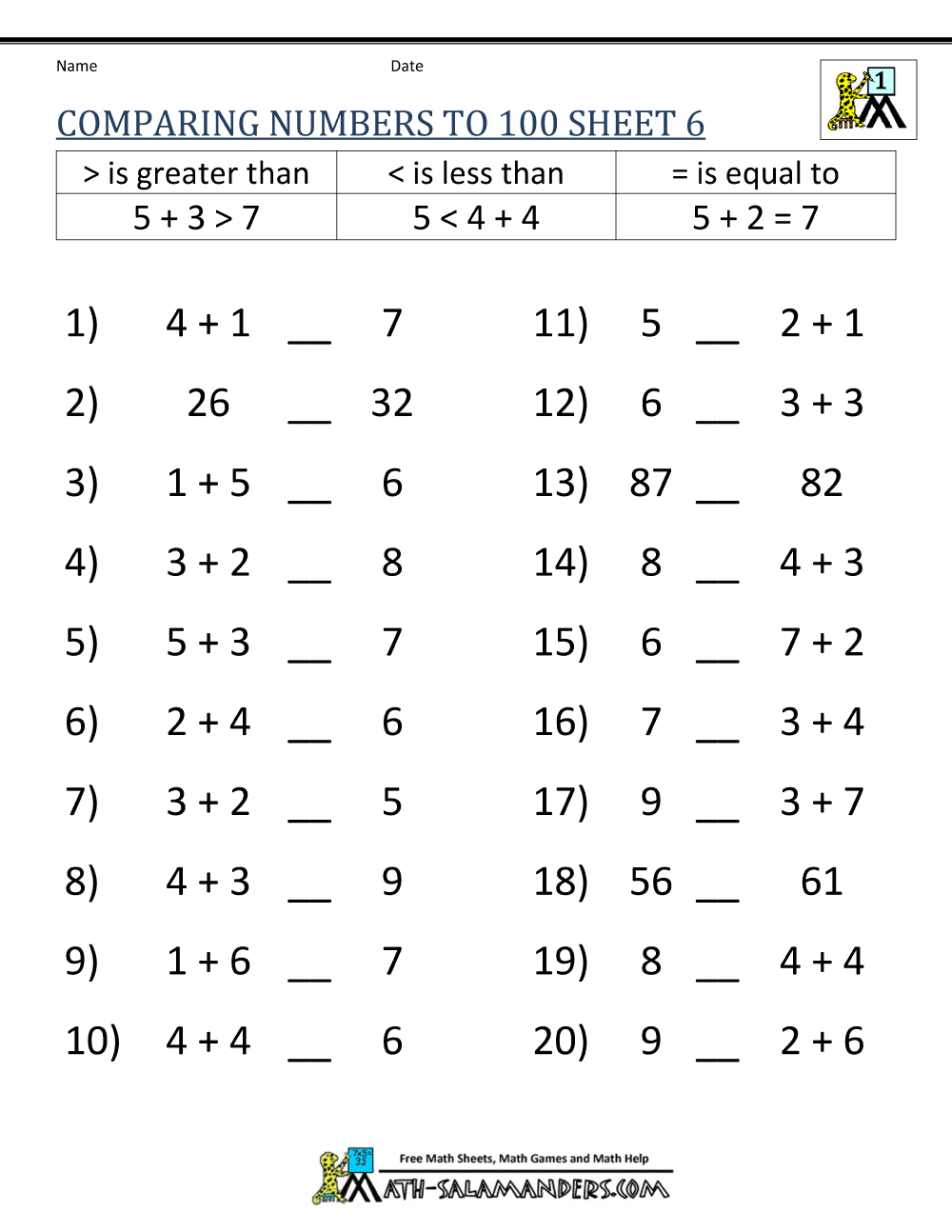 Greater than Less than Worksheet - Comparing Numbers to 100