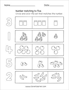 Number matching, counting and number writing worksheets