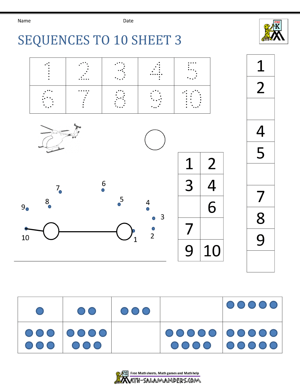 Preschool Number Worksheets - Sequencing to 10