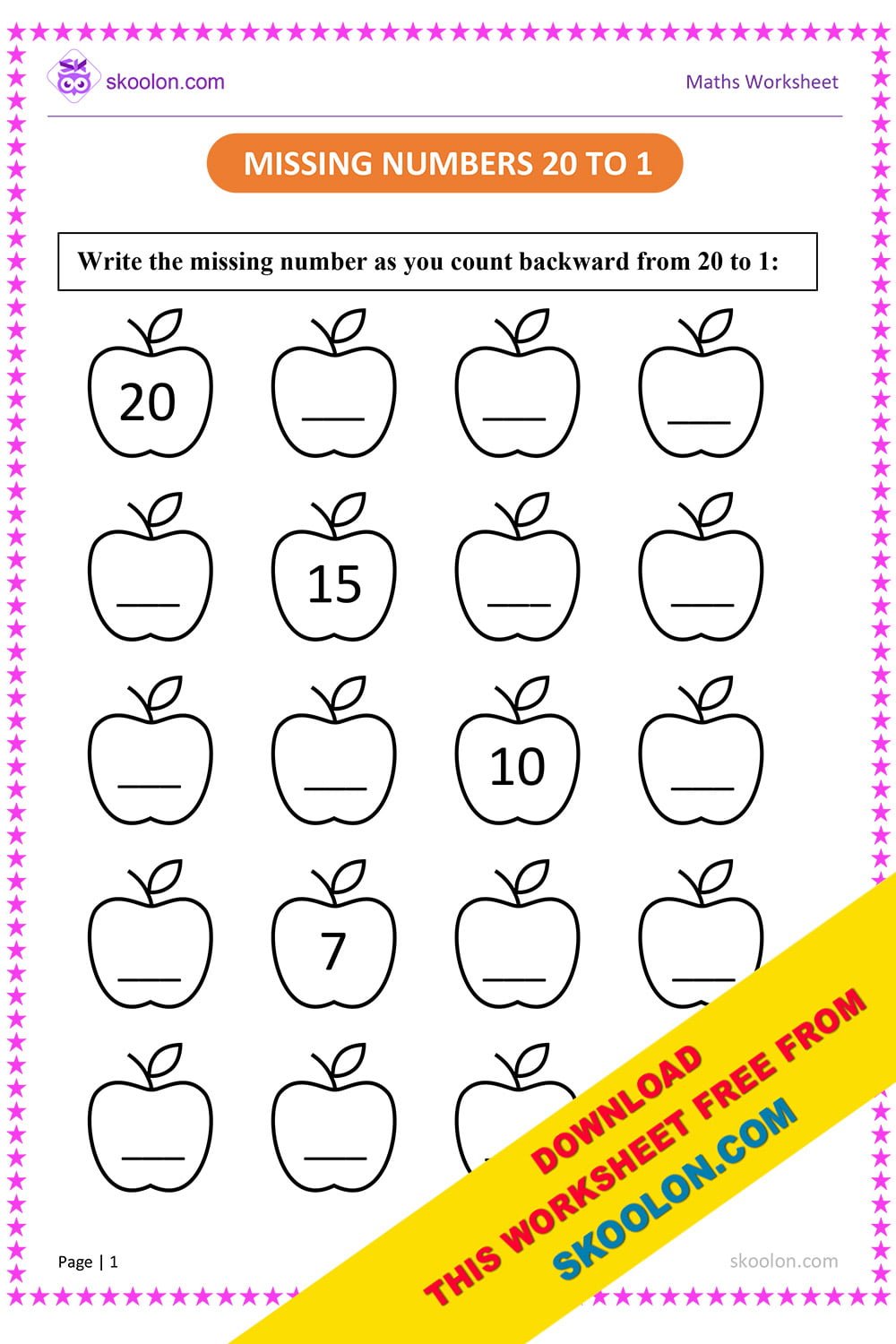 Missing Numbers 20 to 1 Worksheet for KG - skoolon.com