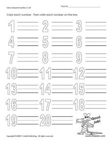 Printing Numbers 1-20 Worksheet for Pre-K - Kindergarten | Lesson ...