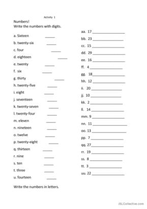 16 Numbers 1 - 30 English ESL worksheets pdf &  doc