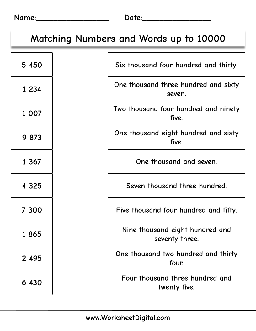 Match Number and Words - Worksheet Digital