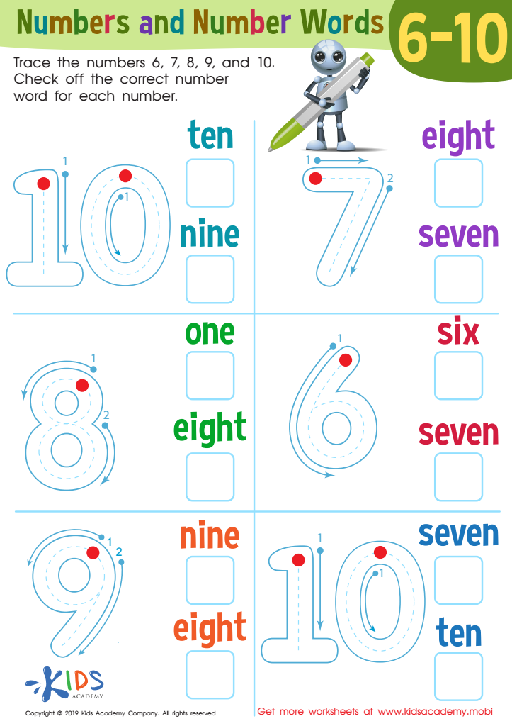 Numbers and Number Words 6-1 Worksheet: Free Printable PDF for Kids