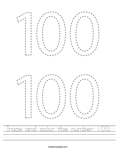 Trace and color the number 100 Worksheet - Twisty Noodle