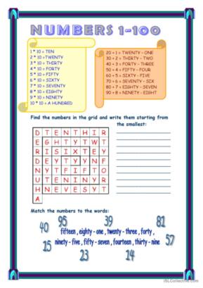 37 Numbers 1-100 English ESL worksheets pdf &  doc