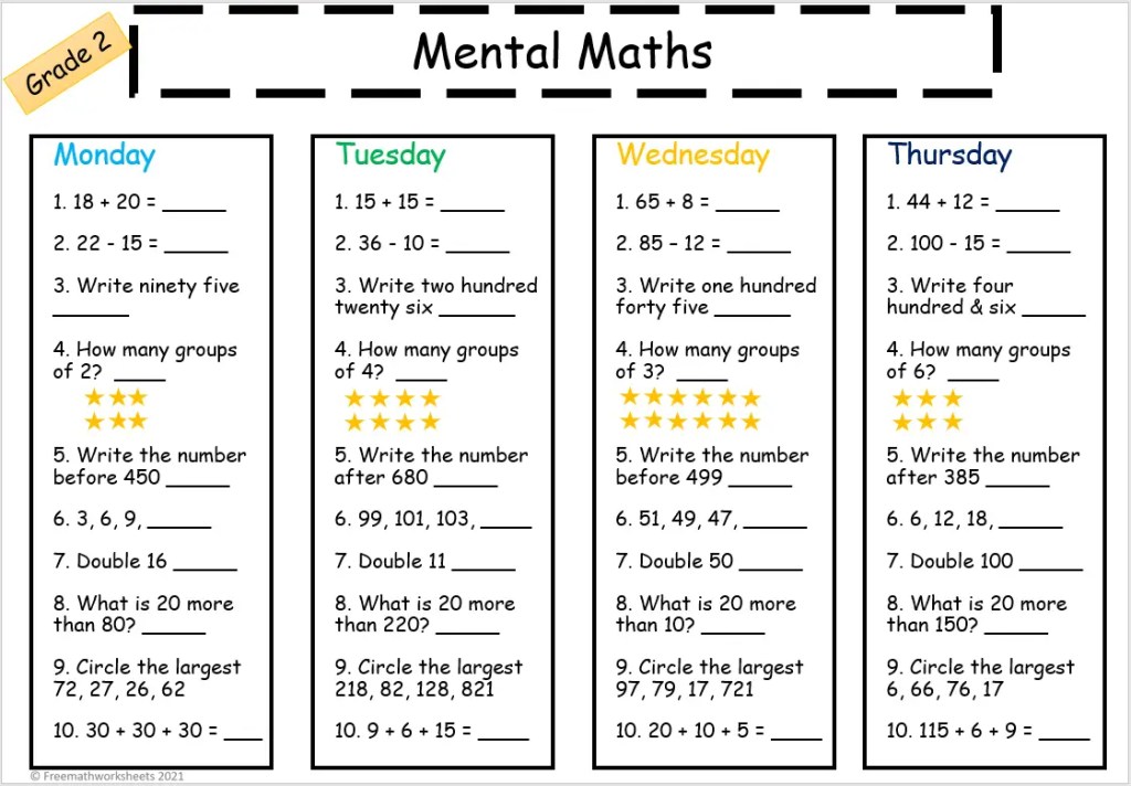 Grade 2 Mental Maths Worksheets | Free Printables | Math Worksheets