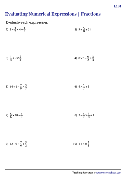 Evaluating Numerical Expressions with Fractions Worksheets