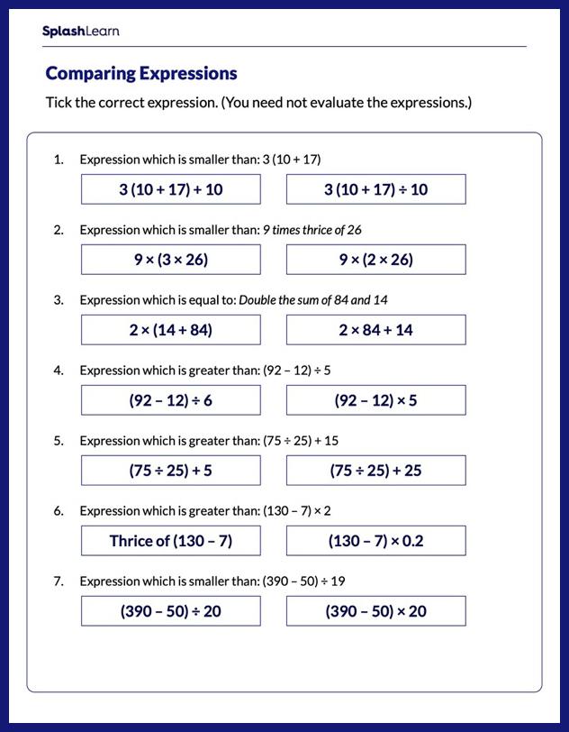 Compare Expressions without Evaluating - Math Worksheets - SplashLearn