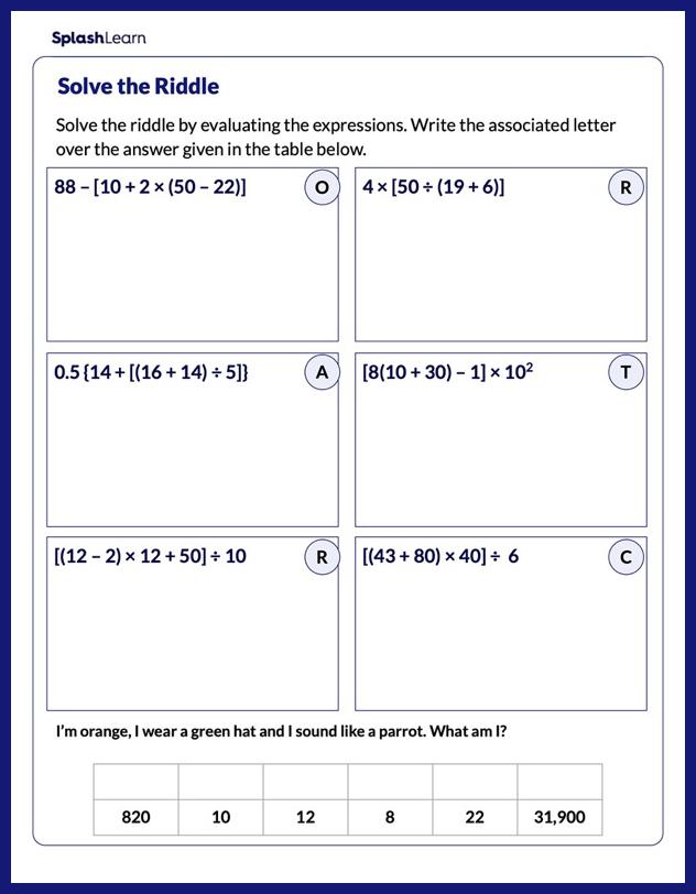 Expressions and Equations Worksheets for 5th Graders Online