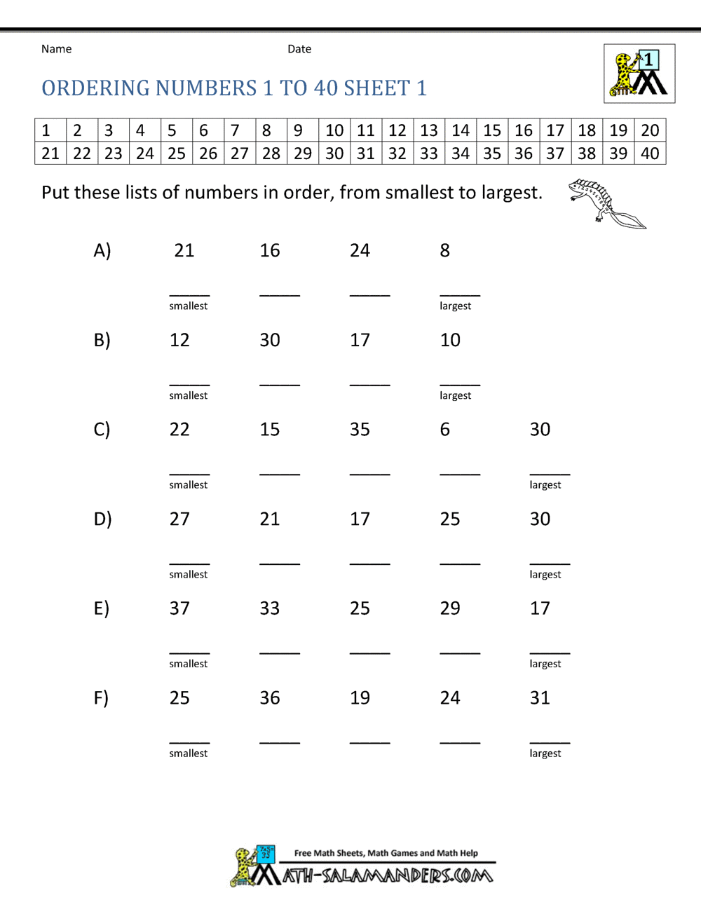 Ordering Numbers Worksheet up to 99