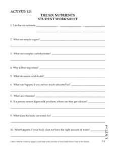 The Six Nutrients Student Worksheet Worksheet for 7th - 8th Grade ...