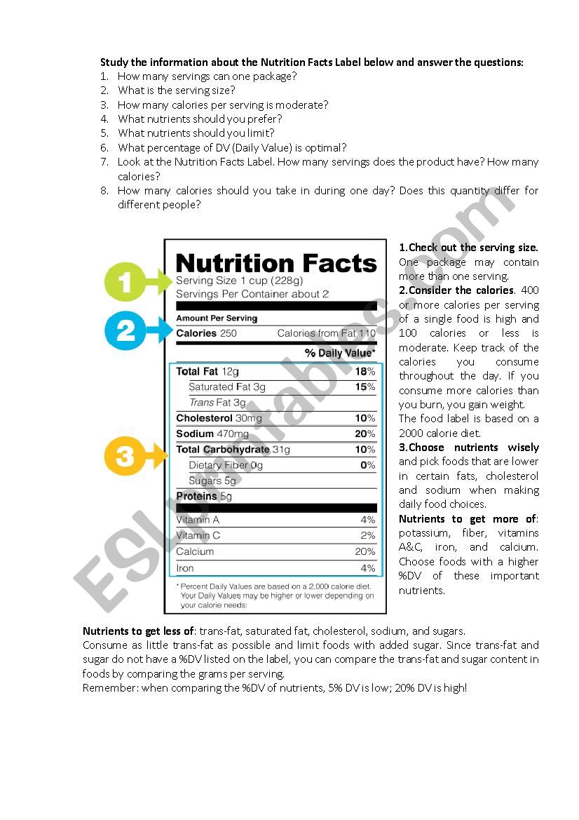 nutrition facts worksheet