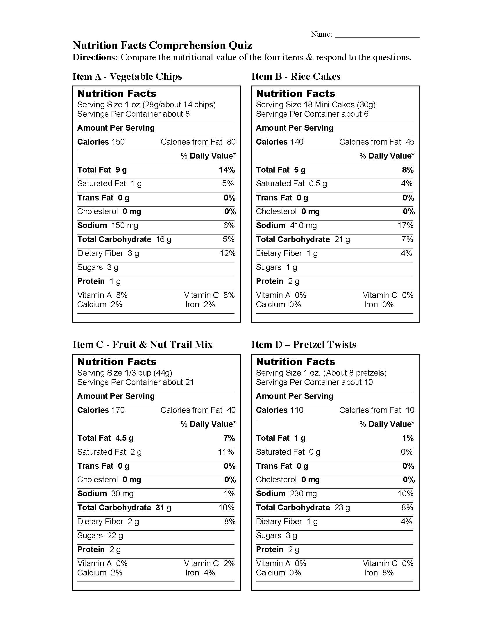 nutrition label activity worksheet