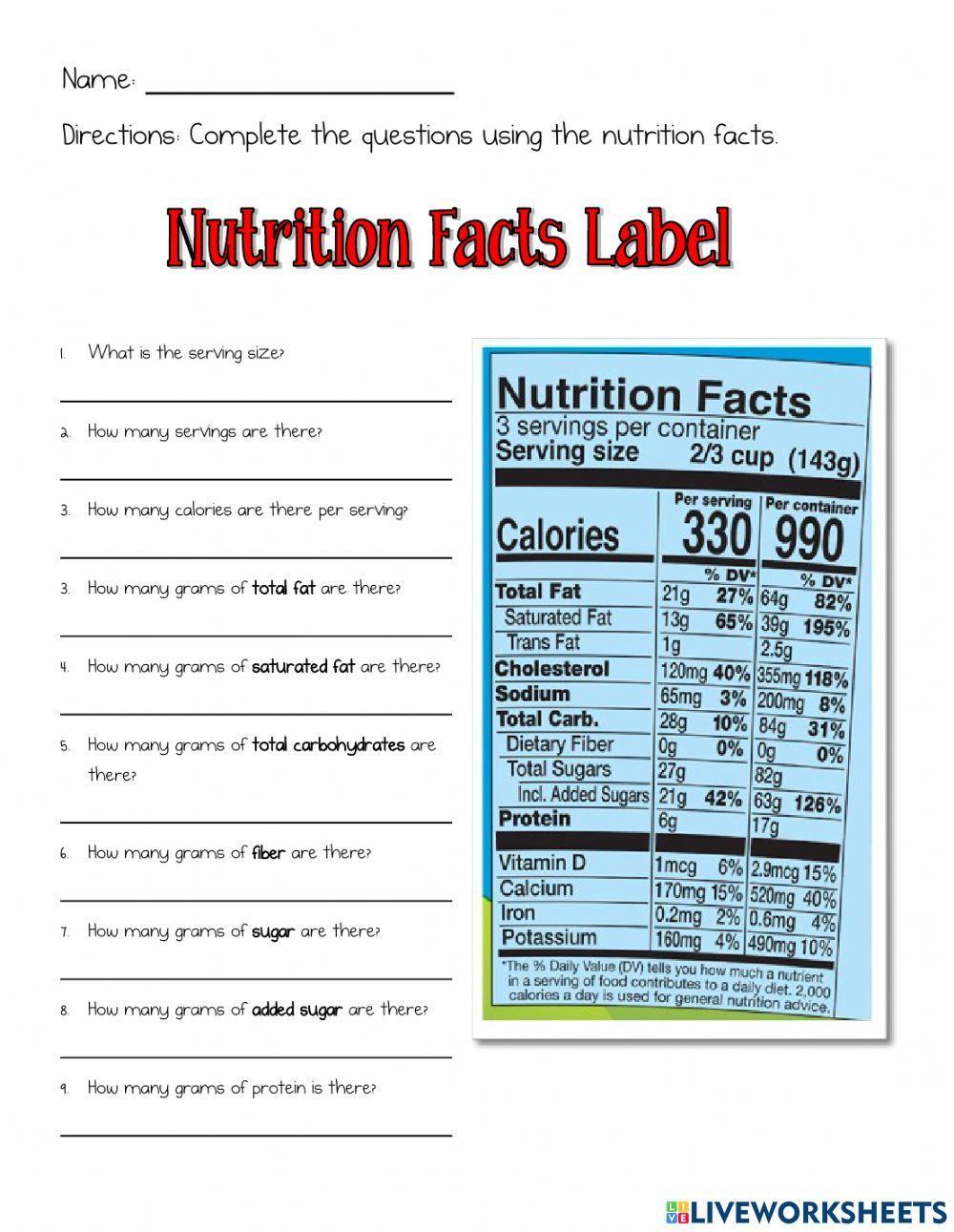 Nutrition Facts Label worksheet  