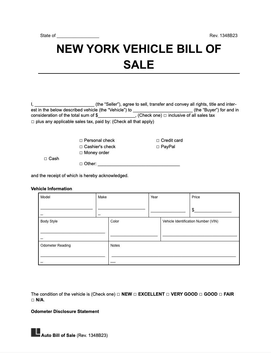 Free New York Motor Vehicle Bill of Sale Form