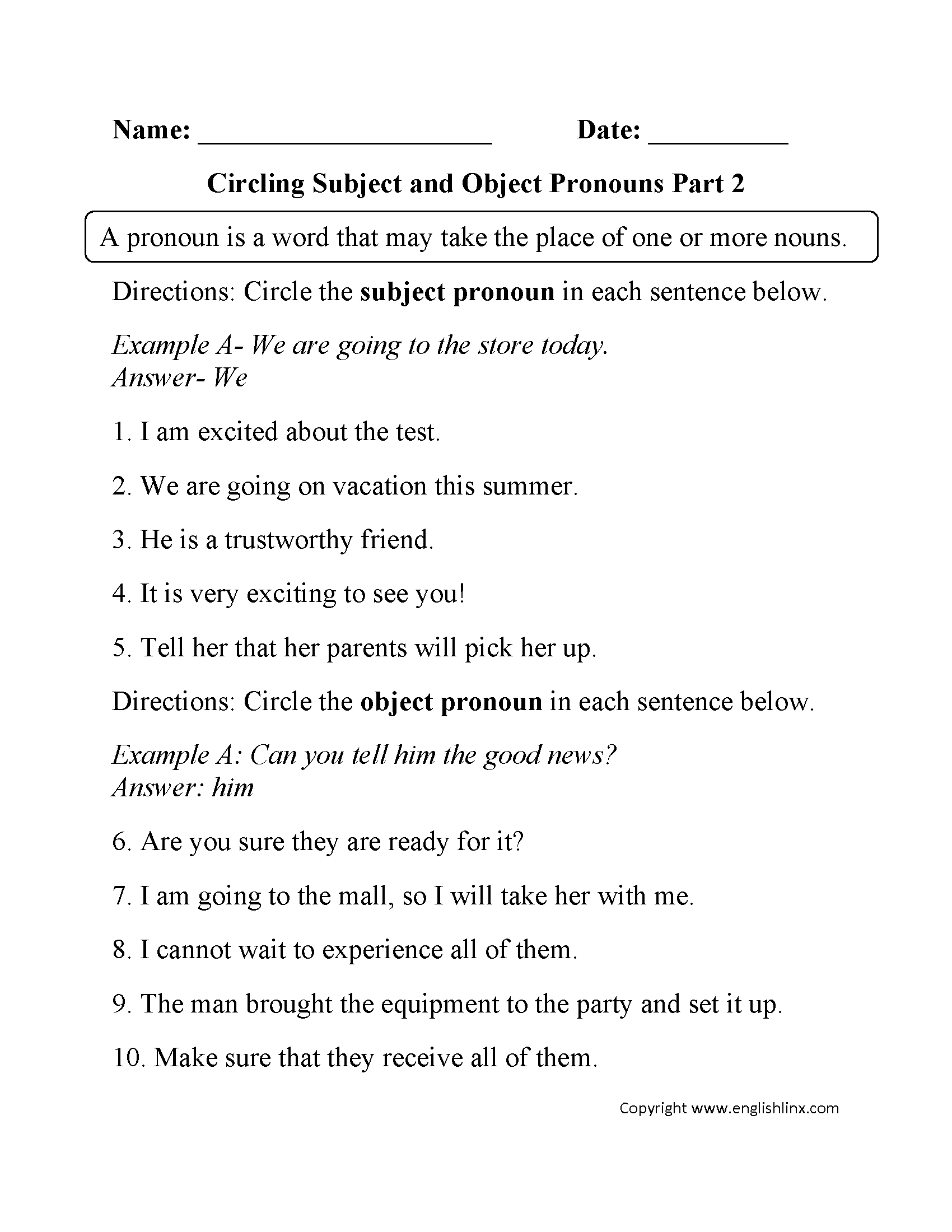 object and subject pronouns worksheet