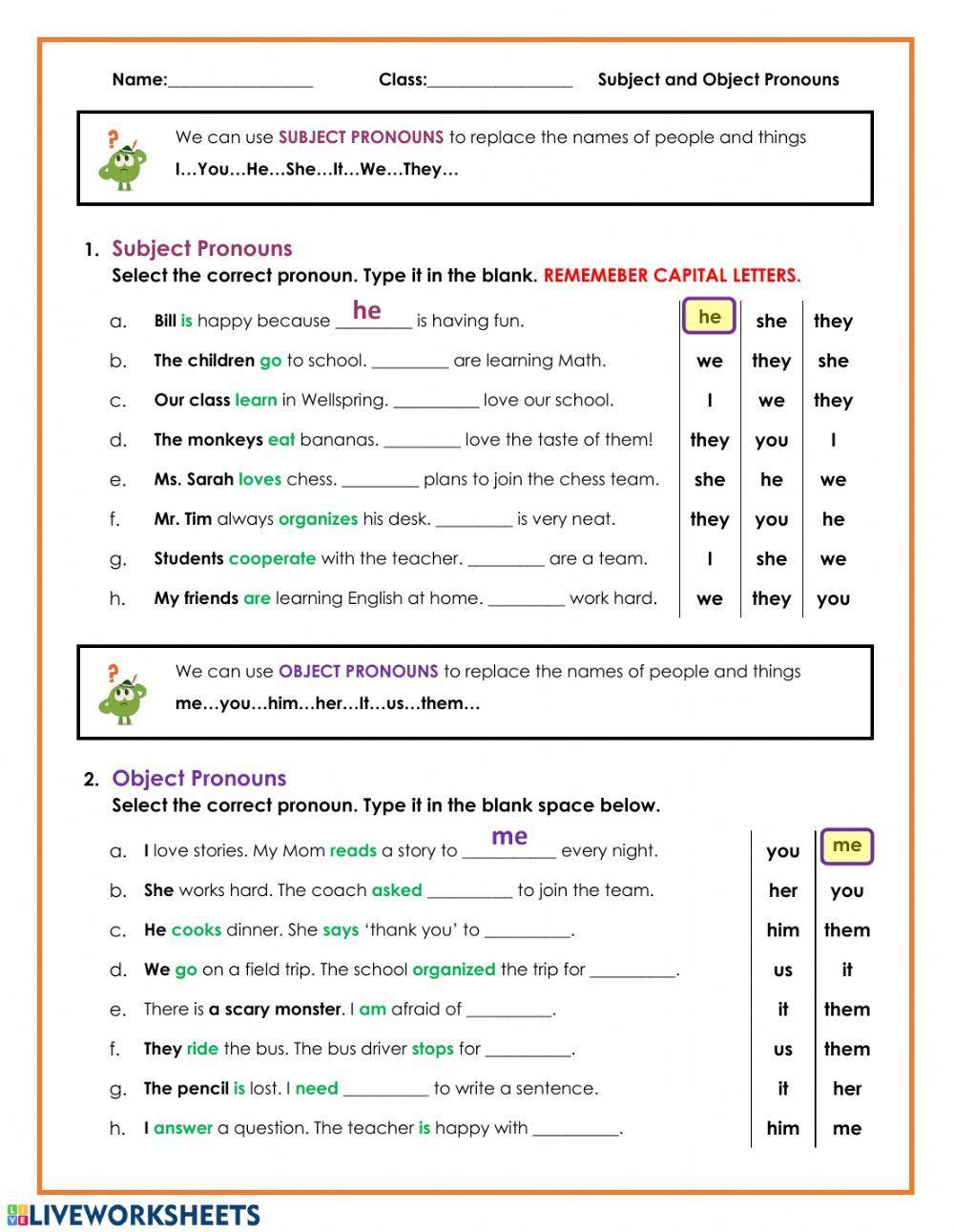 Subject and Object Pronouns online worksheet  