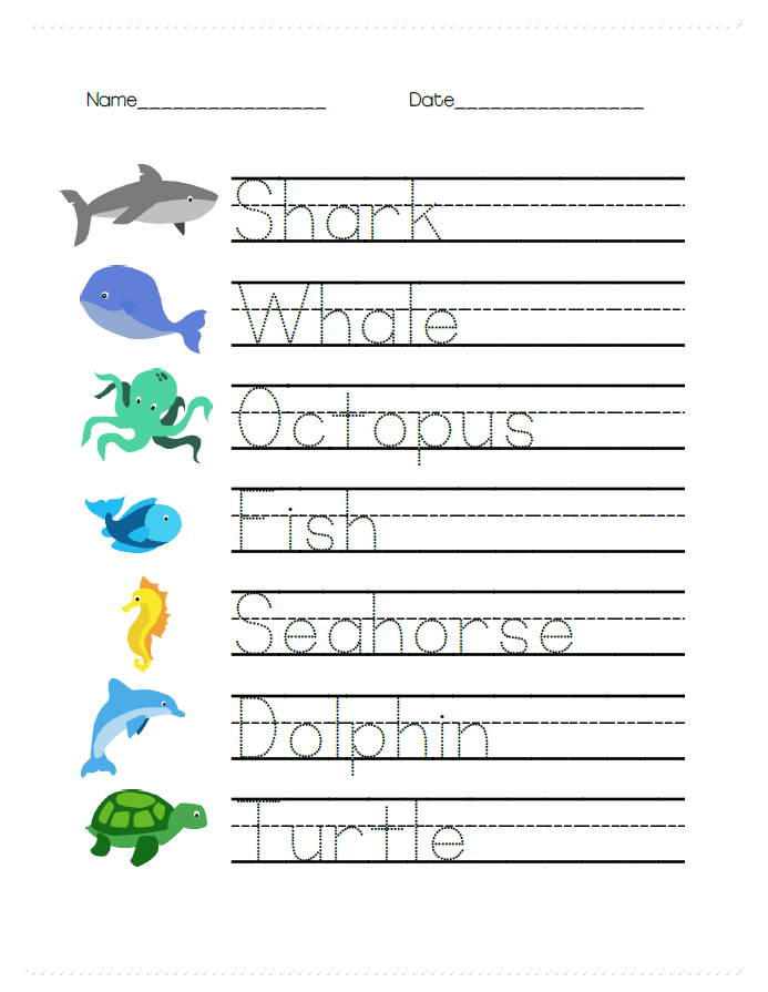 Ocean Animal Math and Writing Worksheets for PreK - Cookies &  Racecars