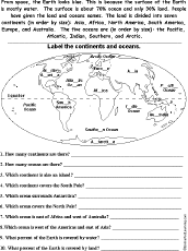 Continents and Oceans Read and Answer Worksheet ...