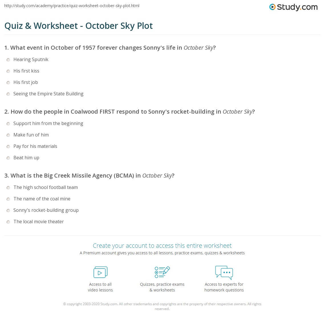 Quiz &  Worksheet - October Sky Plot | Study.com