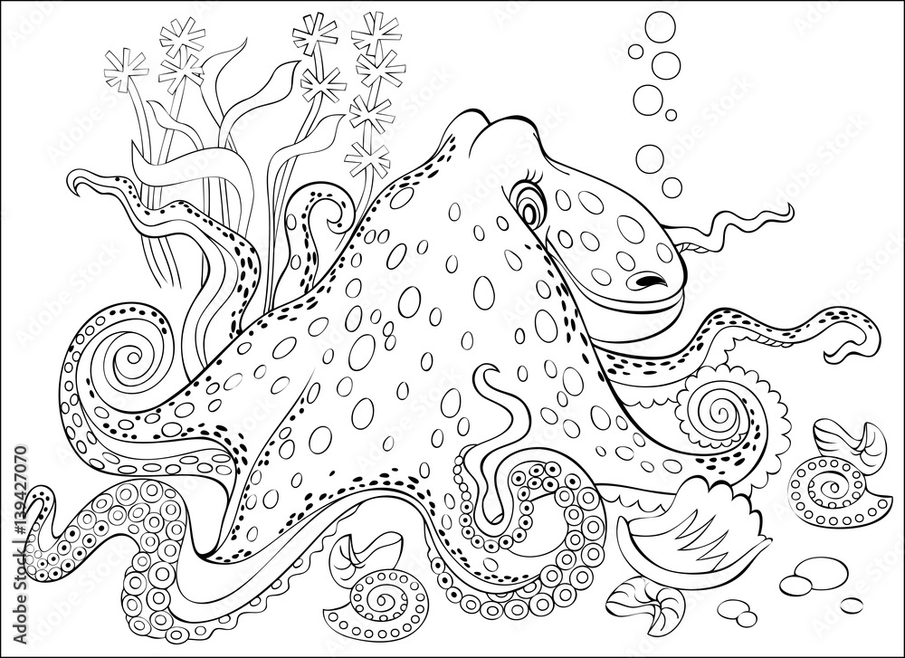 Black and white page for coloring. Fantasy drawing of octopus ...