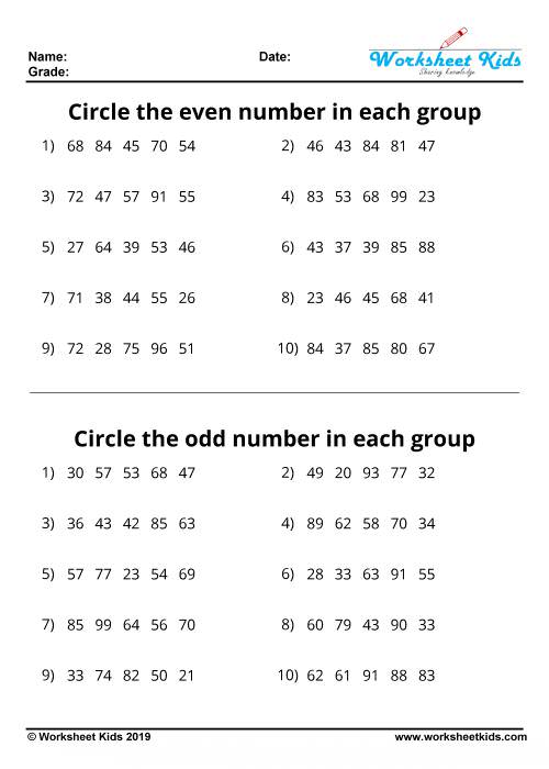 Odd and even numbers worksheets - Free printable PDF