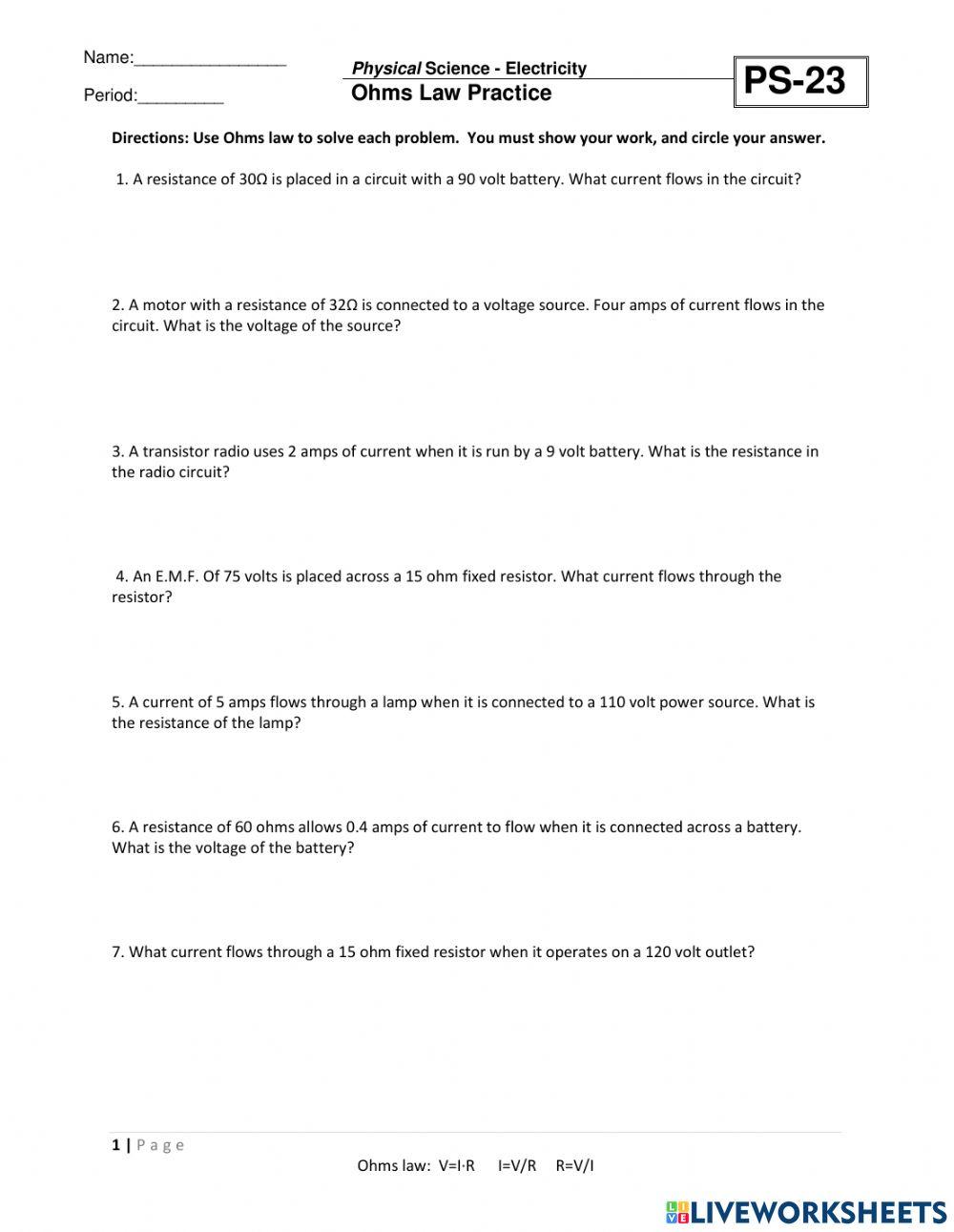 Ohms Law Practice Worksheet online exercise for  