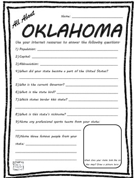 All About Oklahoma - Fifty States Project Based Learning Worksheet