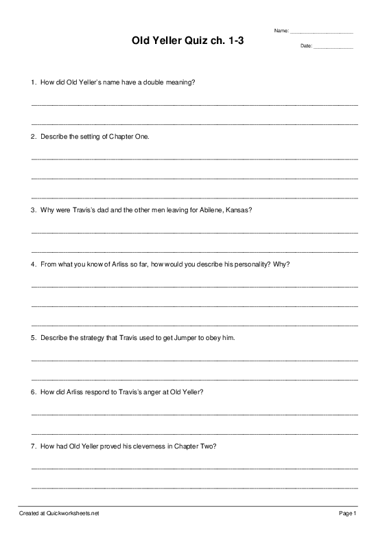 old yeller worksheet