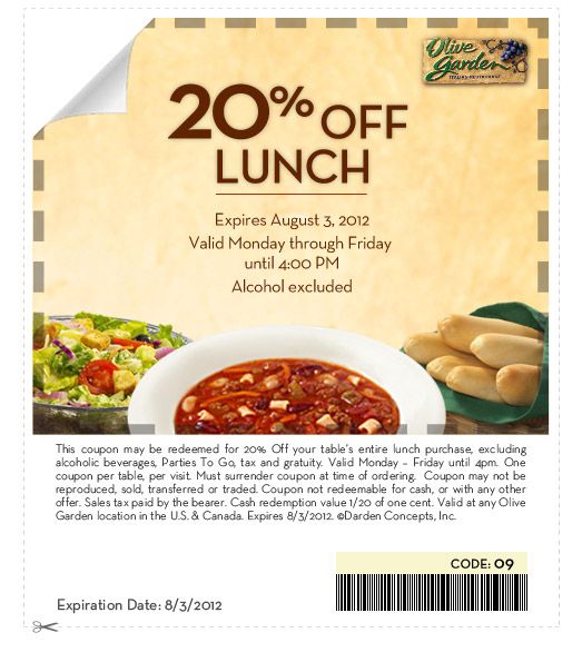 Olive Garden: 20% off Lunch Coupon